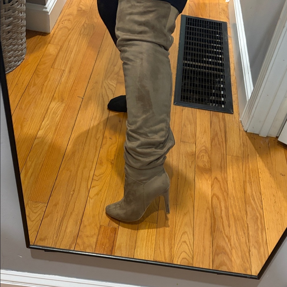 Over-the-Knee Suede Stiletto Boot in Taupe
